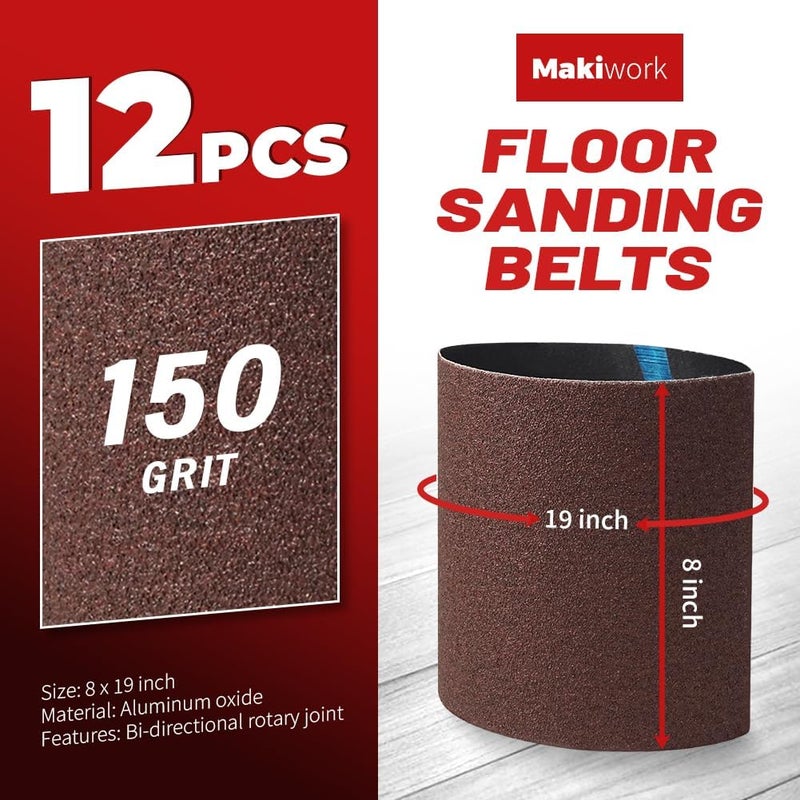 makiwork 8 inch x 19 inch 150 Grit Sanding Belts, 12 Pack, EZ 8 Drum Sander Sandpaper Rolls for Woodworking and Floor Polishing, Aluminum Oxide Sander Sleeves - Image 2